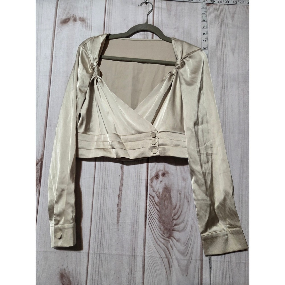 Satin Wrap Cropped Long Sleeve Blouse Champagne Button Detail Size‎ M Romantic